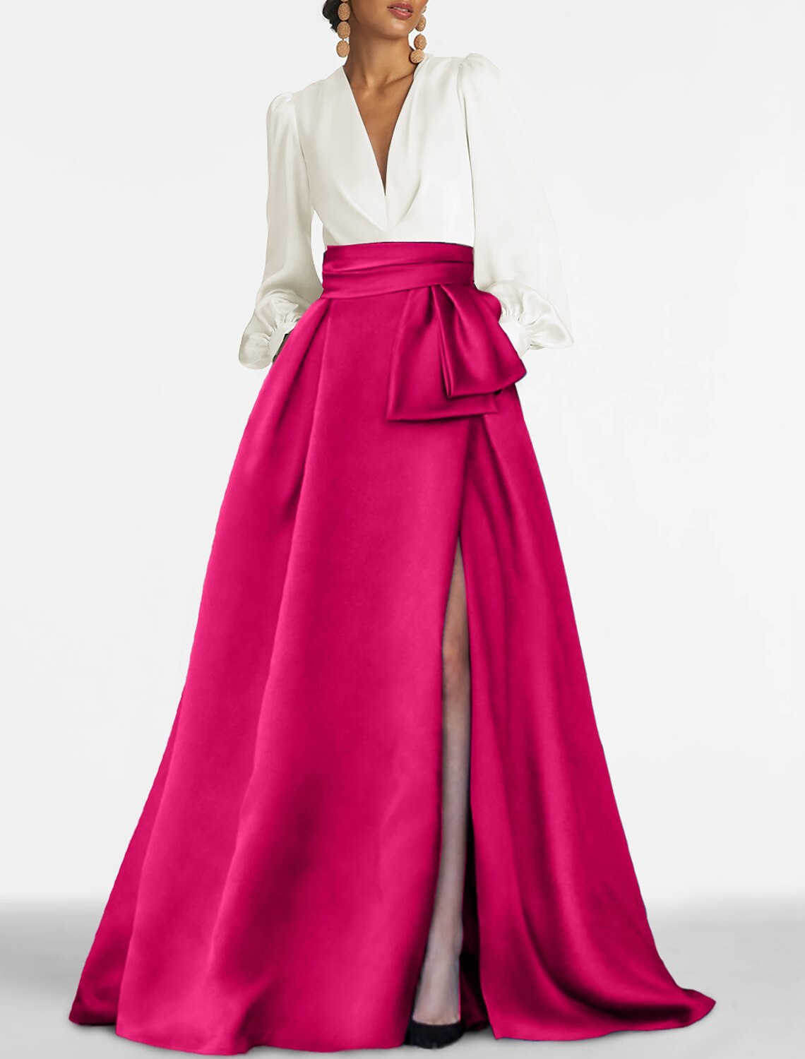 Forest Green Satin A-Line Floor-Length V-Neck Evening Dress with Structured Bow