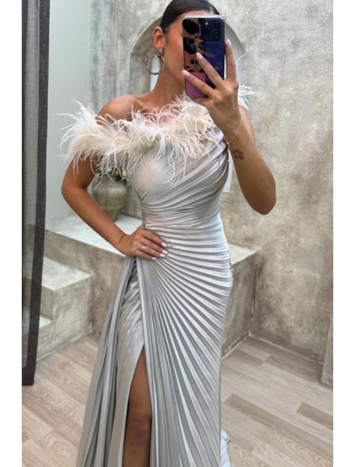 Elegant Silver Satin One Shoulder Floor-Length Evening Dress
