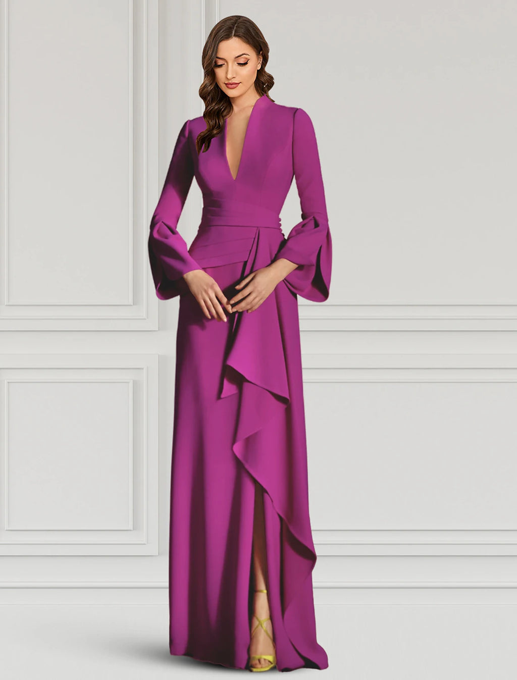 Mulberry Crepe A-Line Floor-Length Evening Dress with Plunging V-Neck and Bell Sleeves