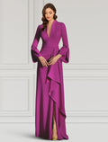 Mulberry Crepe A-Line Floor-Length Evening Dress with Plunging V-Neck and Bell Sleeves