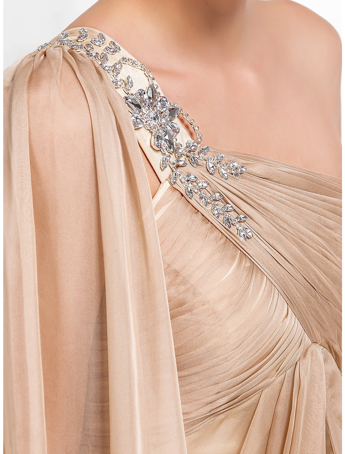 Champagne Chiffon A-Line Floor-Length Evening Dress with One Shoulder & Beaded Strap