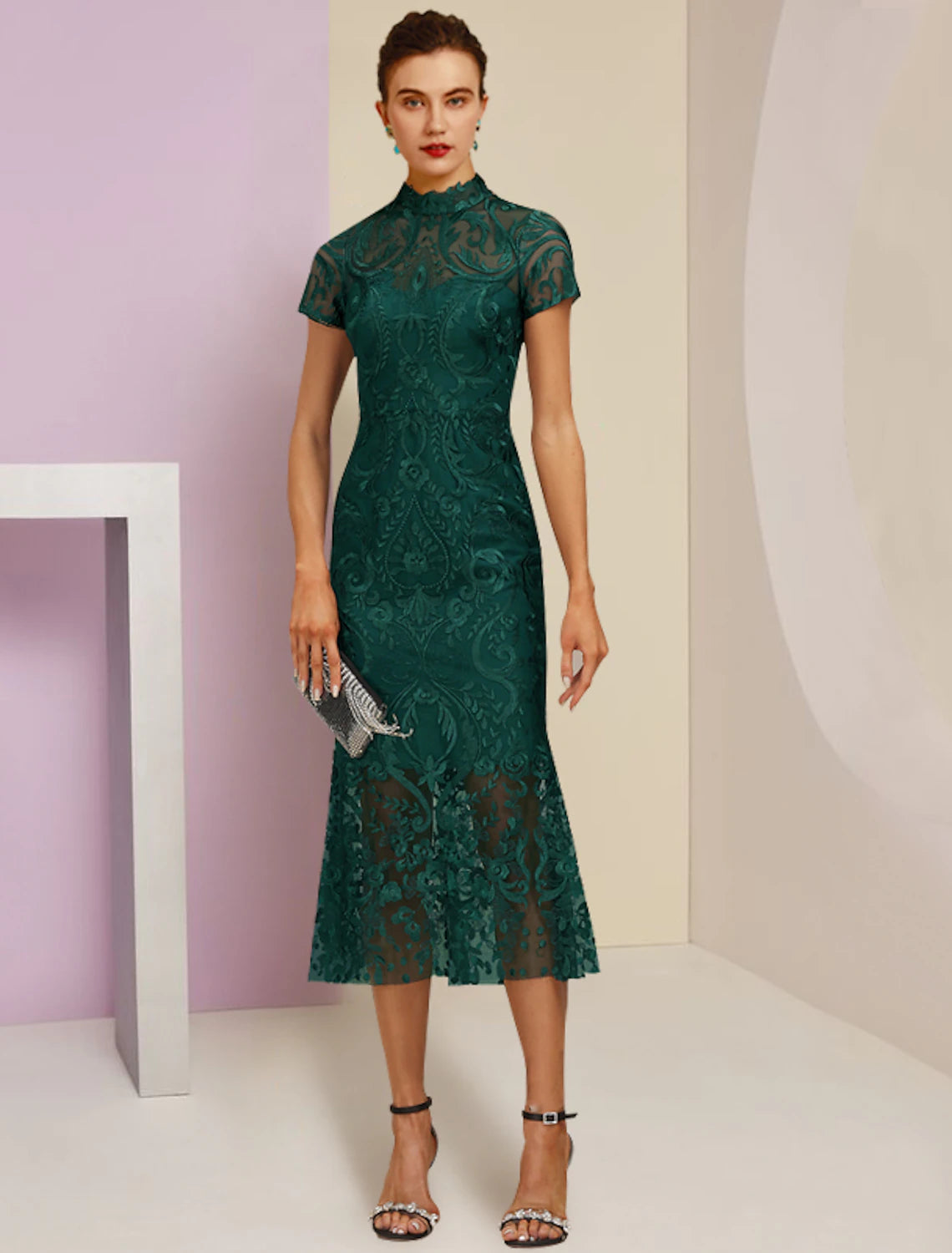 Abito da cerimonia per la madre della sposa, a tubino, elegante, con collo alto, lunghezza tè, in pizzo, maniche corte con applicazioni