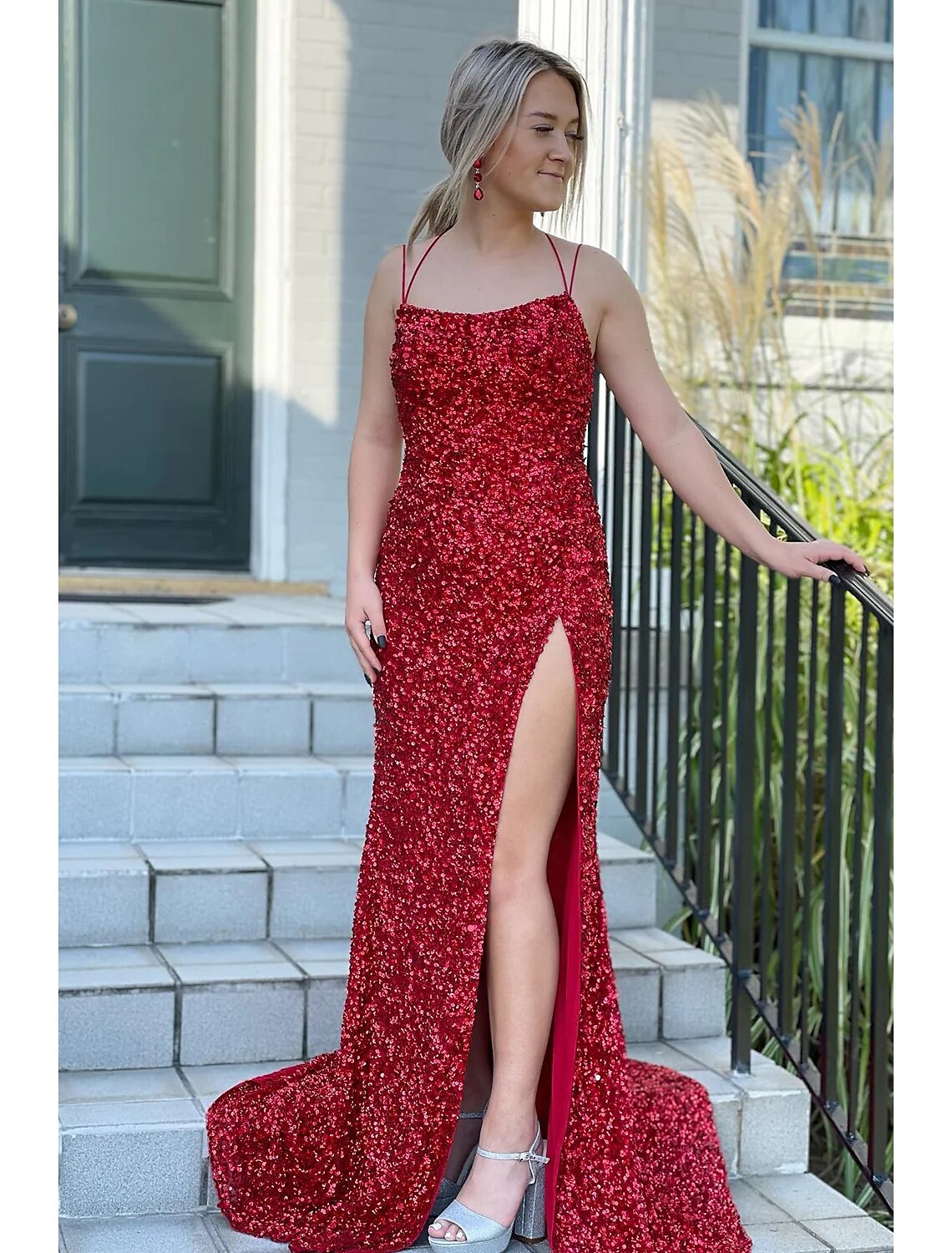 Abiti da ballo a sirena/tromba, abiti da cerimonia formali, da festa, con strascico a ruota, senza maniche, con spalline sottili, con paillettes, senza schienale e spacco in paillettes