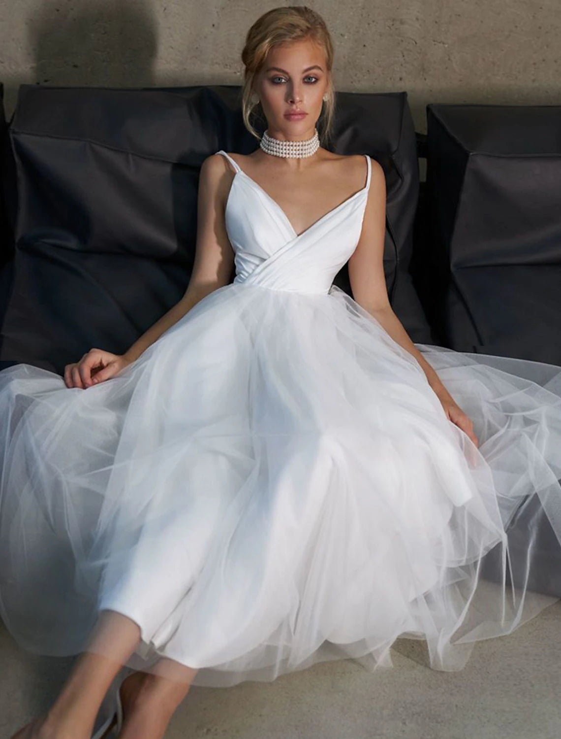 White Satin Tea-Length A-Line Bridesmaid Dress with Draped V-Neck Bodice