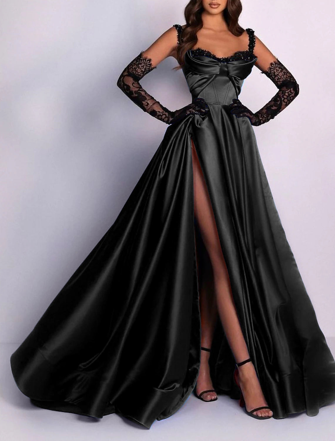 A-Line Evening Gown 1920s Black Dress Formal Masquerade Court Train Sleeveless Spaghetti Strap Satin with Slit