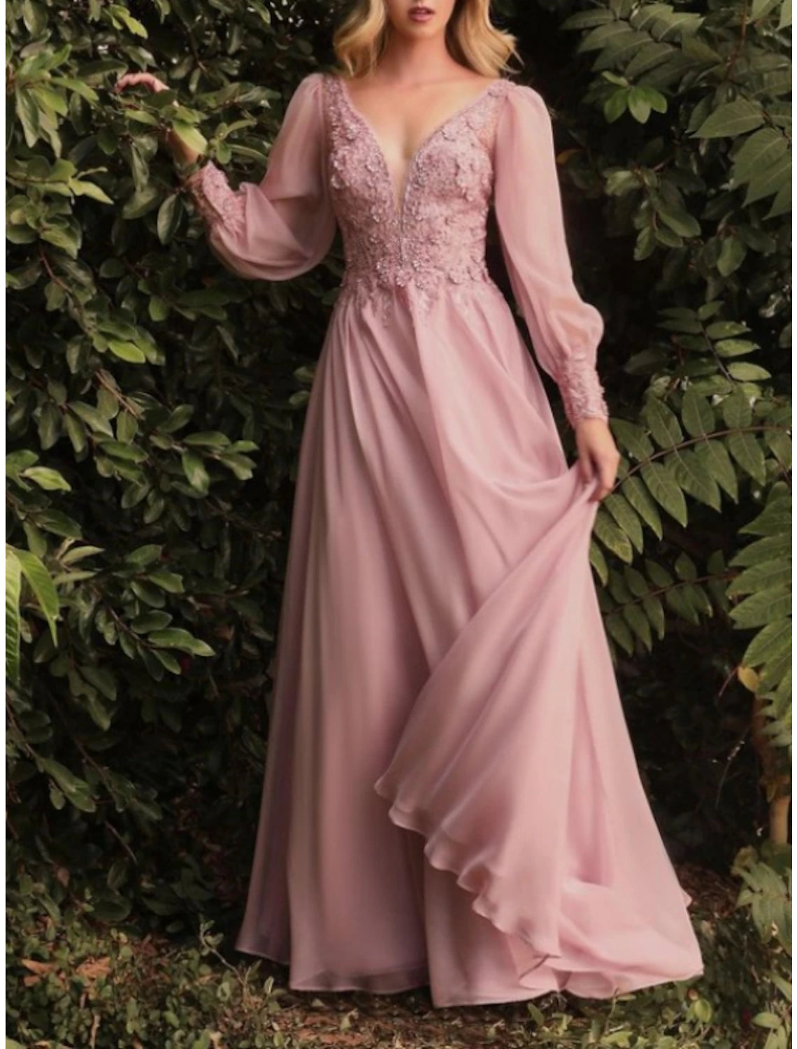 Vestido elegante de dama de honor con escote en V, largo hasta el suelo, manga larga, con apliques plisados, de gasa, 2025