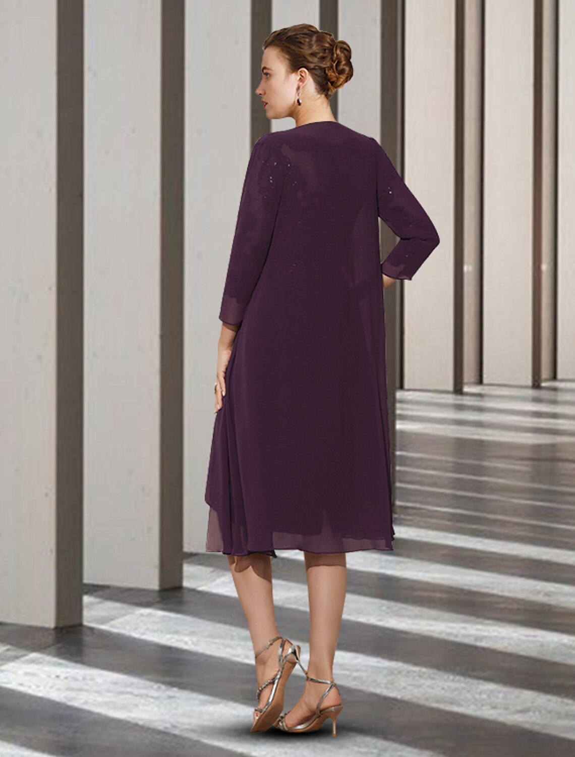 Vestido elegante de dos piezas para madre de la novia, corte A, para iglesia, cuello joya, largo hasta la rodilla, de gasa, con encaje, mangas 3/4, chaqueta y apliques de cuentas.