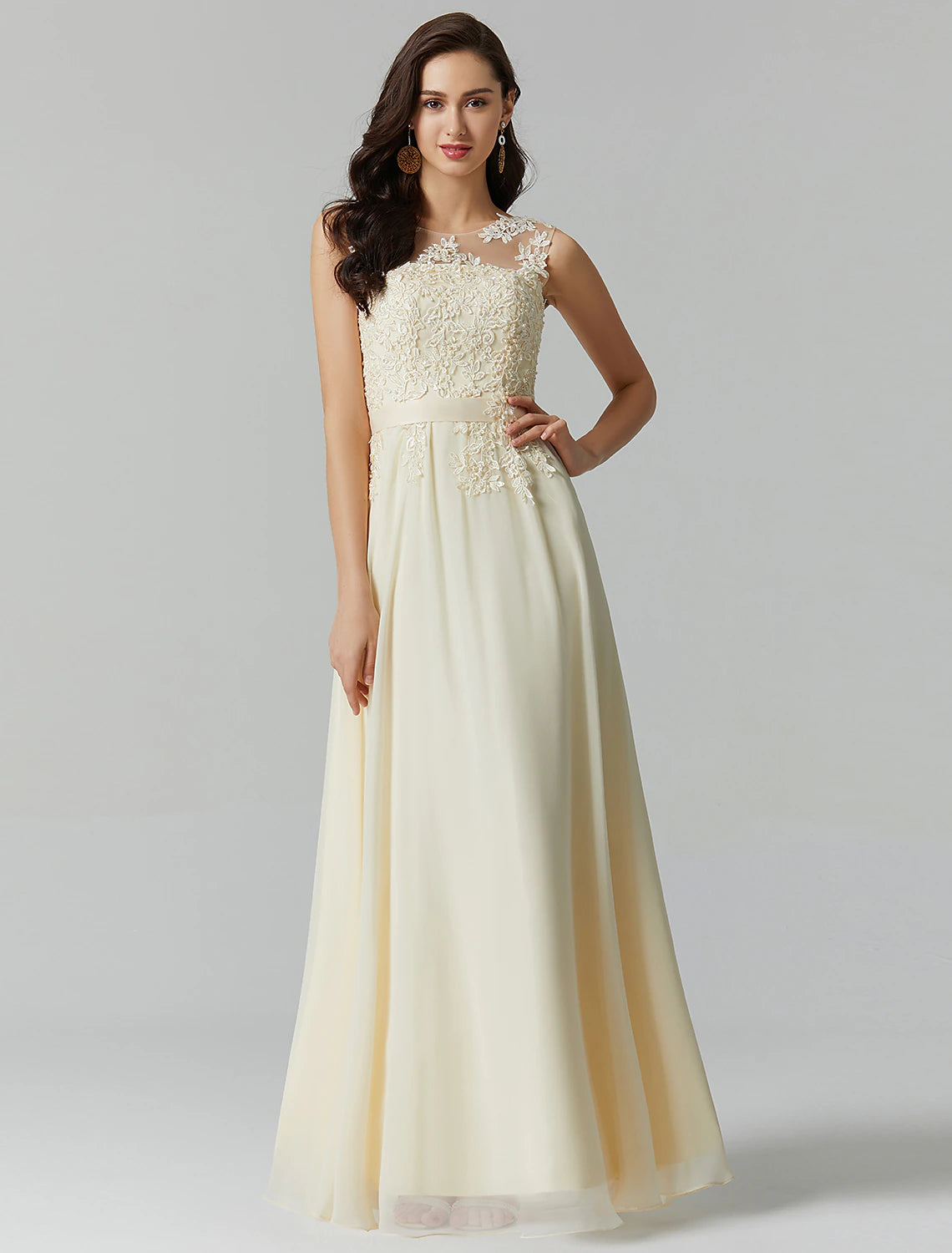 Petal Chiffon A-Line Floor-Length Bridesmaid Dress with Lace Bodice & Illusion Neck