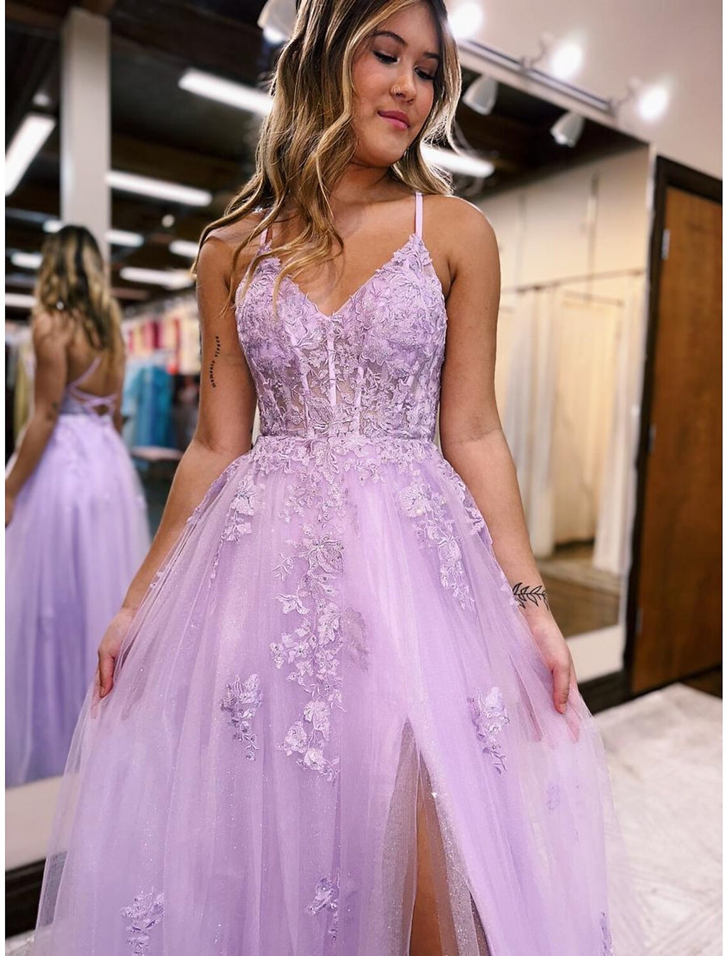 Lavender Tulle A-Line Floor-Length Dress with Lace Appliques and High Slit for Prom & Evening Party