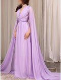 Lavender Chiffon A-Line Floor-Length V-Neck Gown with Pleated Bodice & Flowing Cape Sleeves