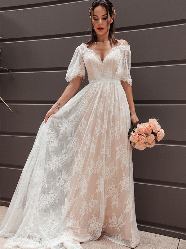 Vestidos de novia de corte A/princesa, mangas cortas, encaje, escote en V, faja, cinta, cinturón y cola larga