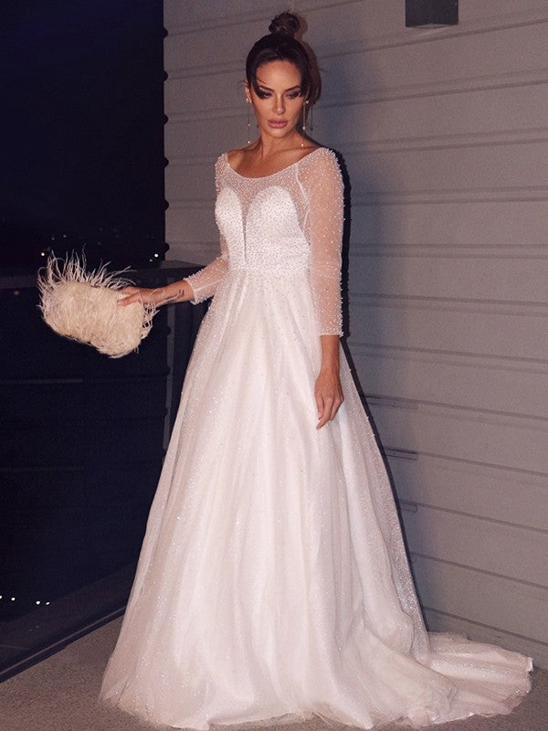 Abiti da sposa a trapezio/principessa con perline, maniche lunghe, strascico a ruota in tulle