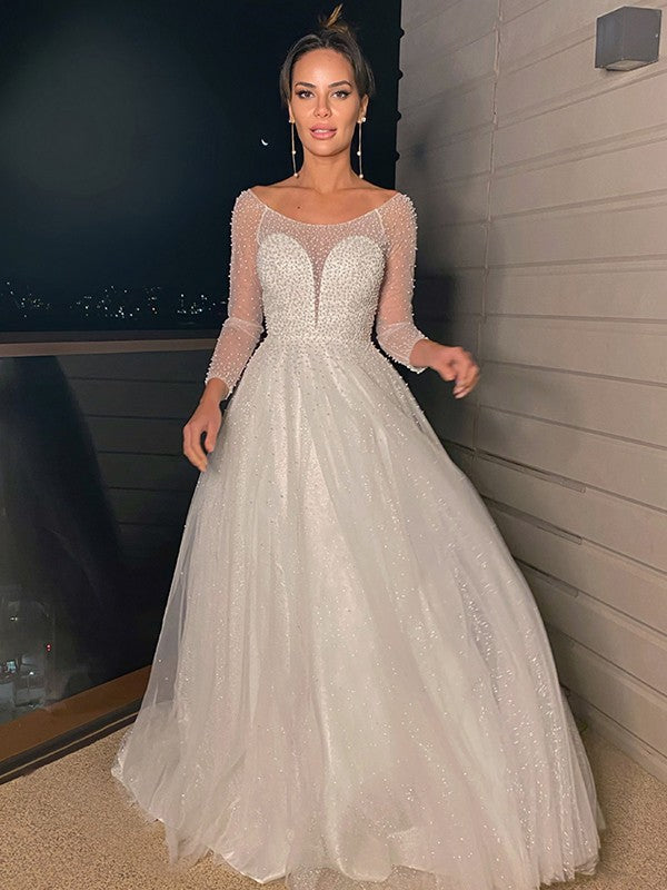 Abiti da sposa a trapezio/principessa con perline, maniche lunghe, strascico a ruota in tulle