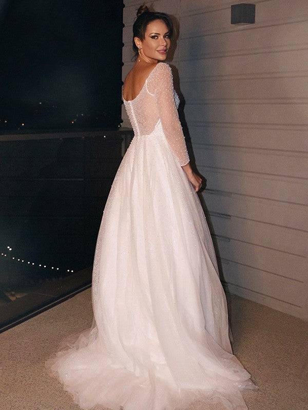 Abiti da sposa a trapezio/principessa con perline, maniche lunghe, strascico a ruota in tulle