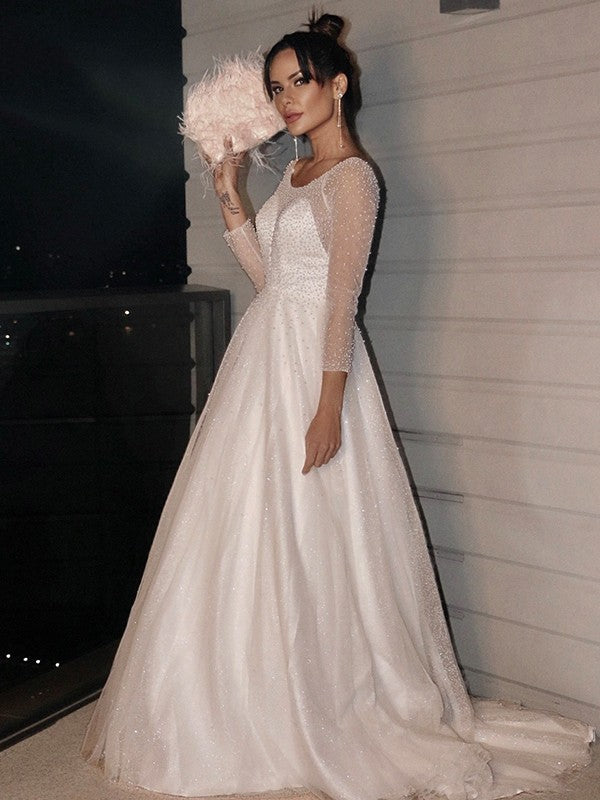 Abiti da sposa a trapezio/principessa con perline, maniche lunghe, strascico a ruota in tulle