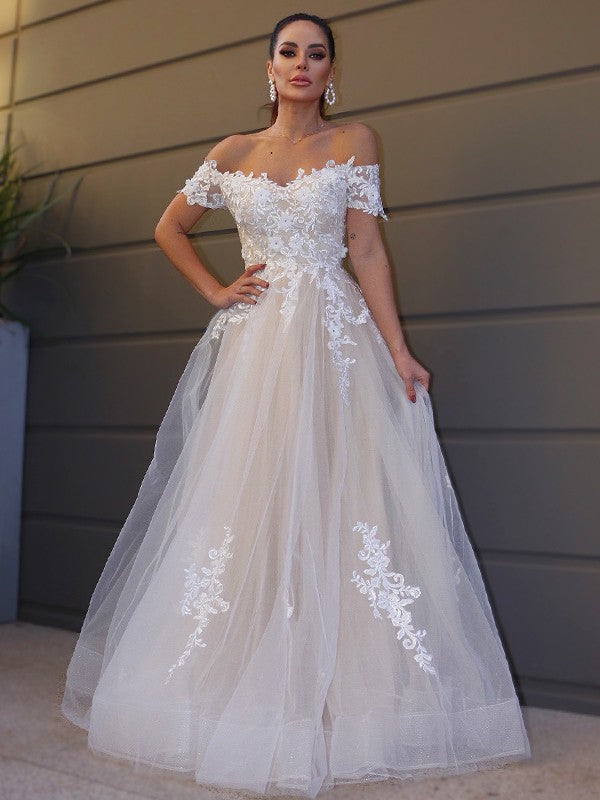 Vestidos de novia de corte A/princesa, de tul, hombros descubiertos, mangas cortas, apliques y largo hasta el suelo