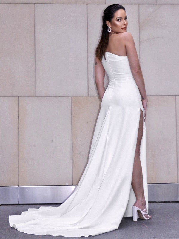 Sheath/Column  Crepe Ruched One-Shoulder Sleeveless Sweep/Brush Train Wedding Dresses
