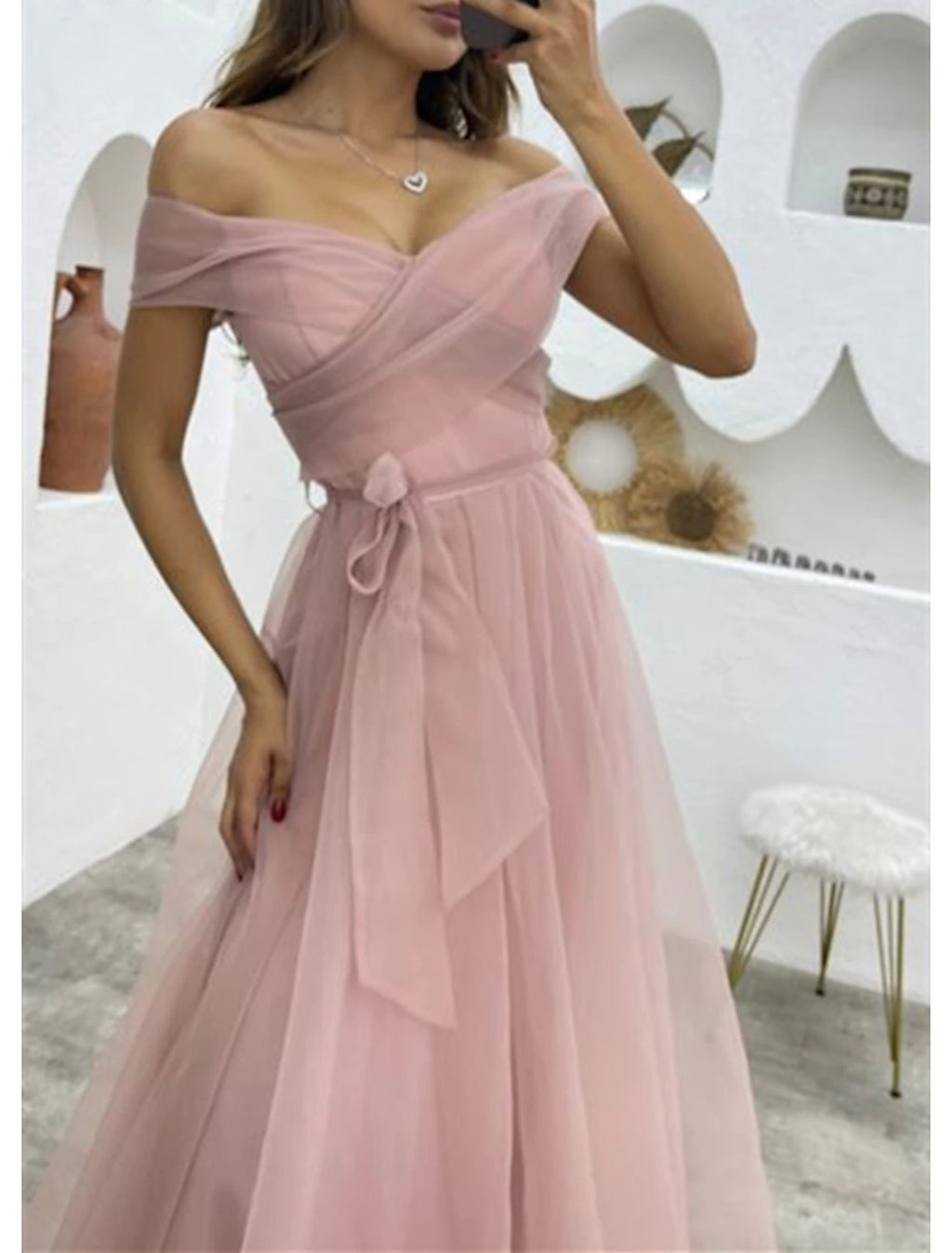 Vestido de noche de corte A, estilo años 50, formal, para recepción de boda, largo hasta el suelo, sin mangas, hombros descubiertos, de organza, con tiras