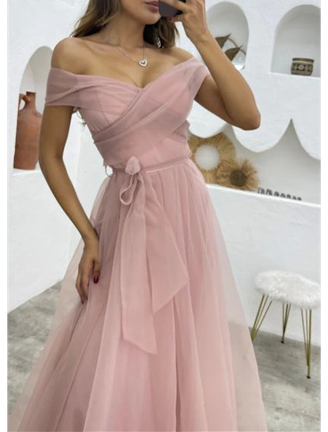Vestido de noche de corte A, estilo años 50, formal, para recepción de boda, largo hasta el suelo, sin mangas, hombros descubiertos, de organza, con tiras