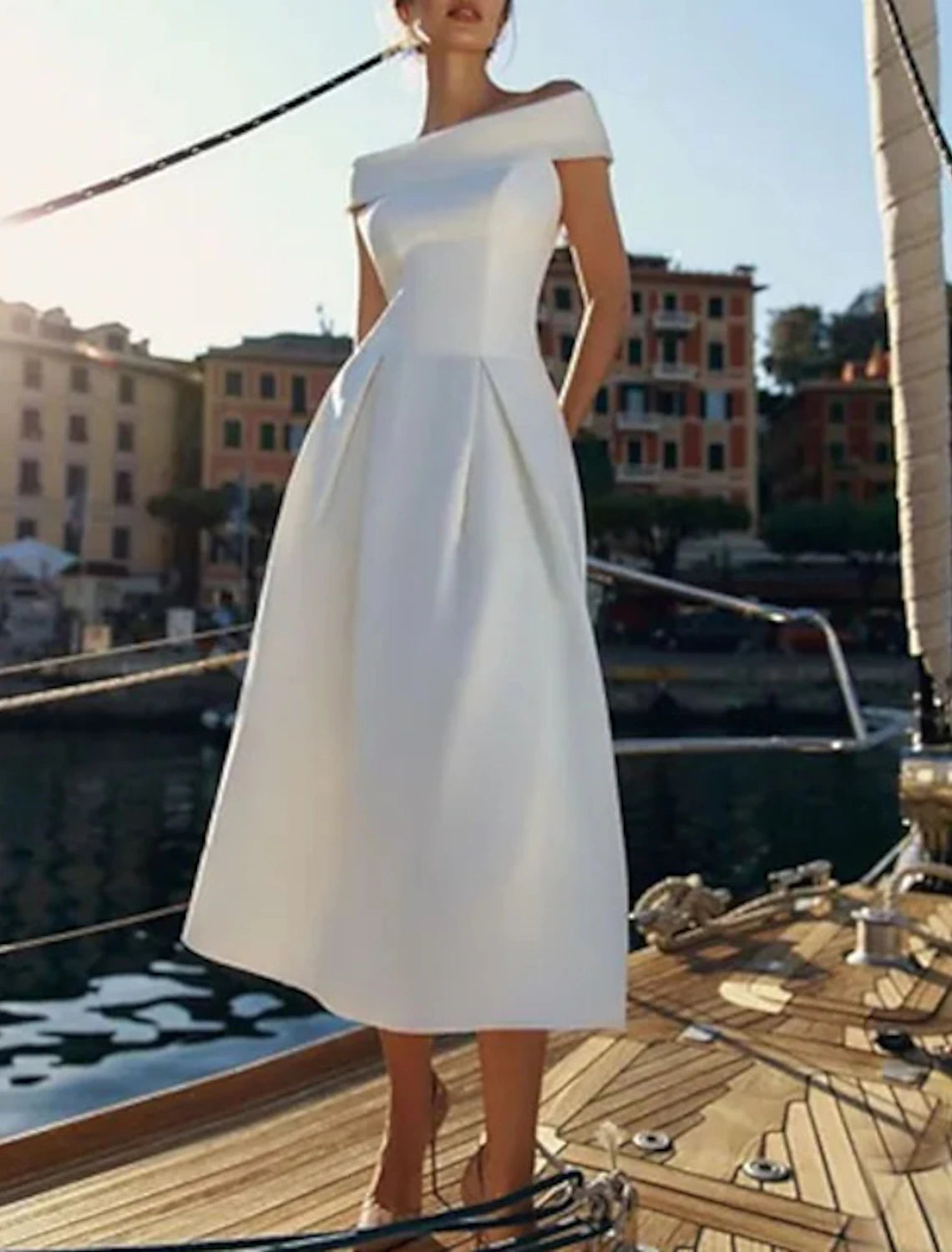 Abiti da sposa a trapezio, eleganti, per feste di nozze, compleanni, lunghezza tè, maniche corte, spalle scoperte, in raso, colore puro