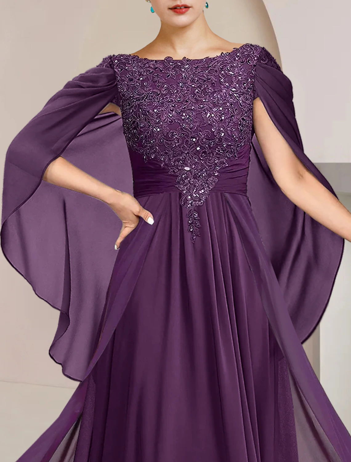 Abito da cerimonia per la madre della sposa, a trapezio, elegante, con scollo a barchetta, lunghezza al pavimento, in chiffon, pizzo, senza maniche, con applicazioni di perline e paillettes