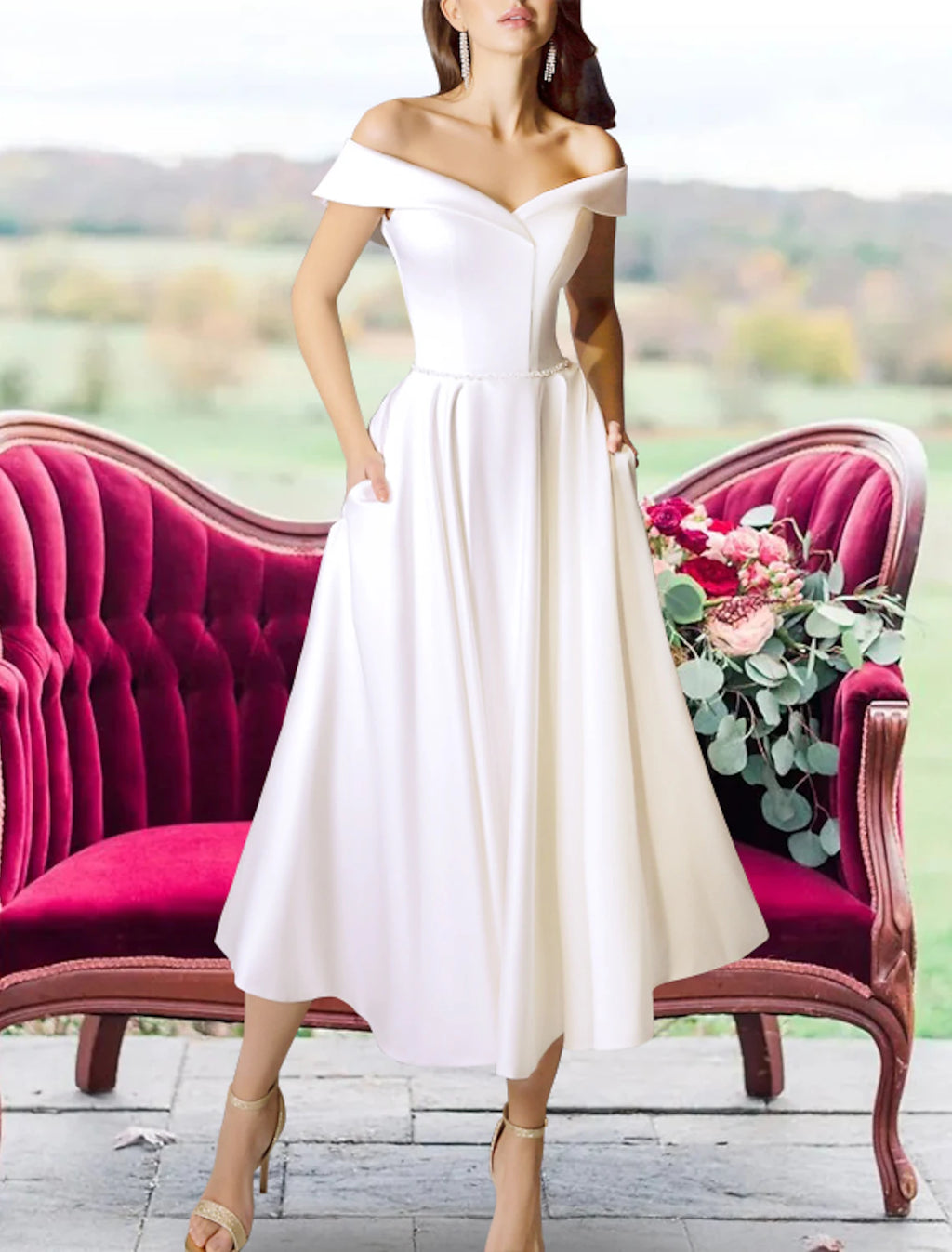 Ivory Satin Off-the-Shoulder A-Line Midi Bridesmaid Dress