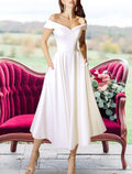 Ivory Satin Off-the-Shoulder A-Line Midi Bridesmaid Dress