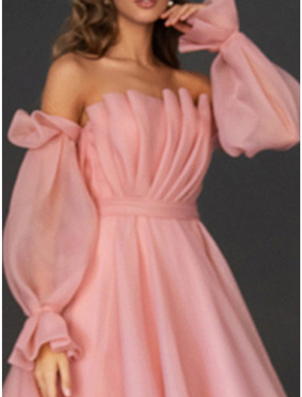 Pink Off-the-Shoulder Organza A-Line Tea-Length Bridesmaid Dress