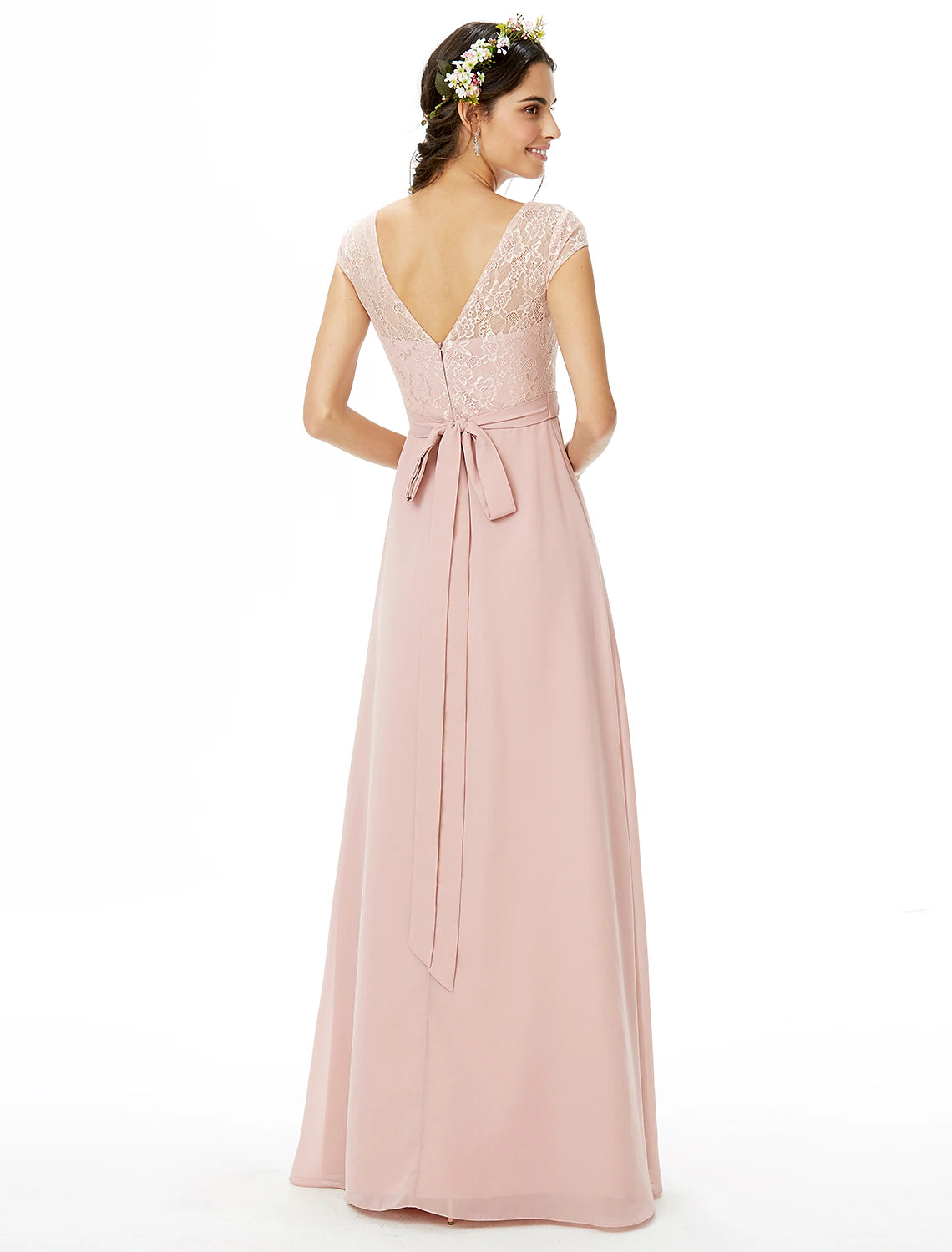 Abito da damigella d'onore a tubino/colonna, scollo a barca, manica corta, elegante, lunghezza pavimento, in chiffon/pizzo con pizzo/fascia/nastro/fiocco/i