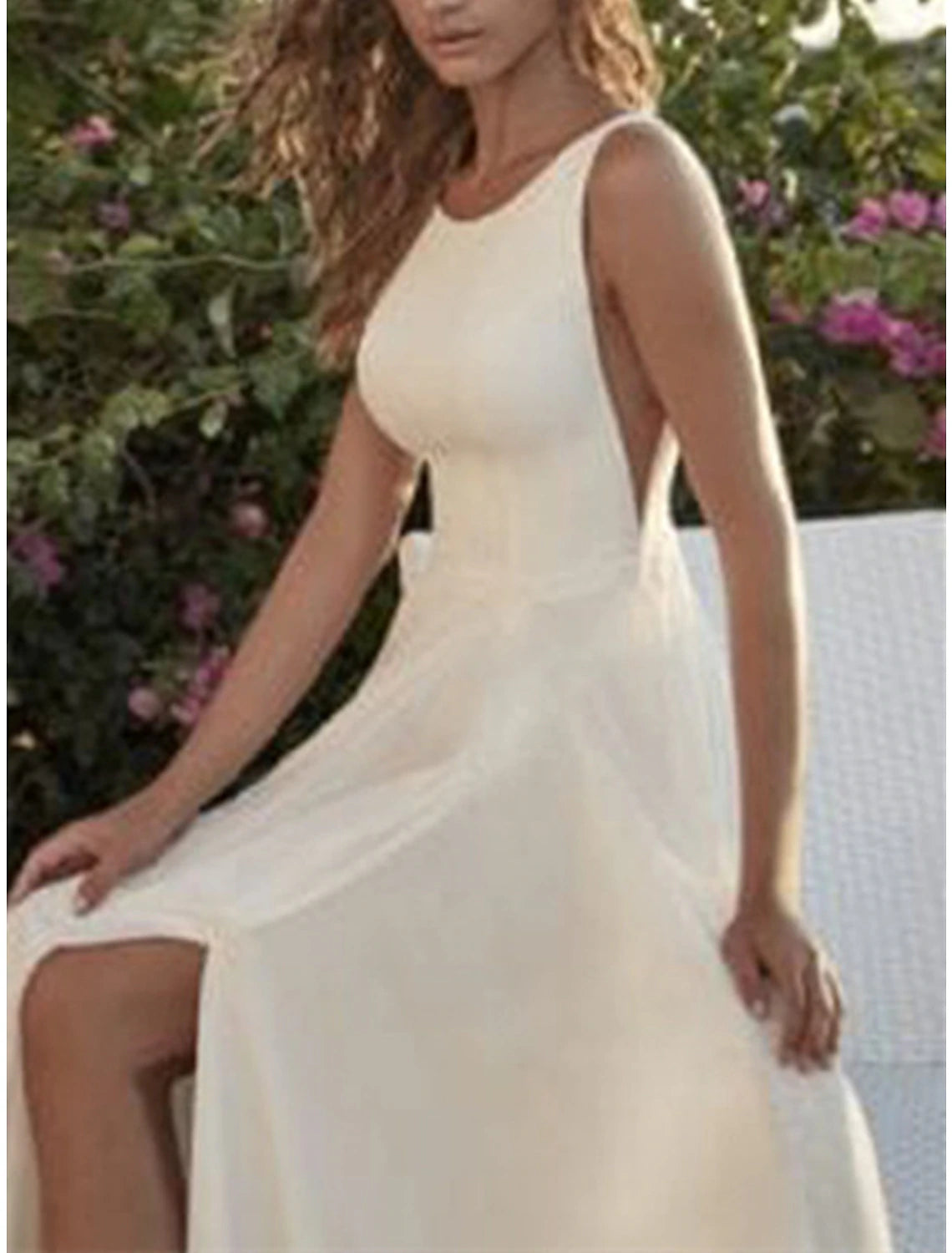 Vestidos de novia sencillos de Hall, corte A, escote redondo, sin mangas, largo hasta el suelo, de gasa, con abertura frontal