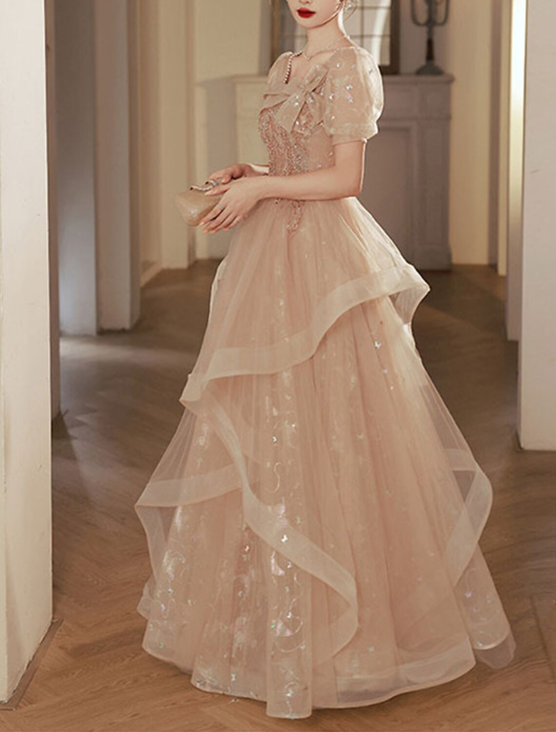 Champagne Tulle A-Line Square Neck Floor-Length Evening Dress