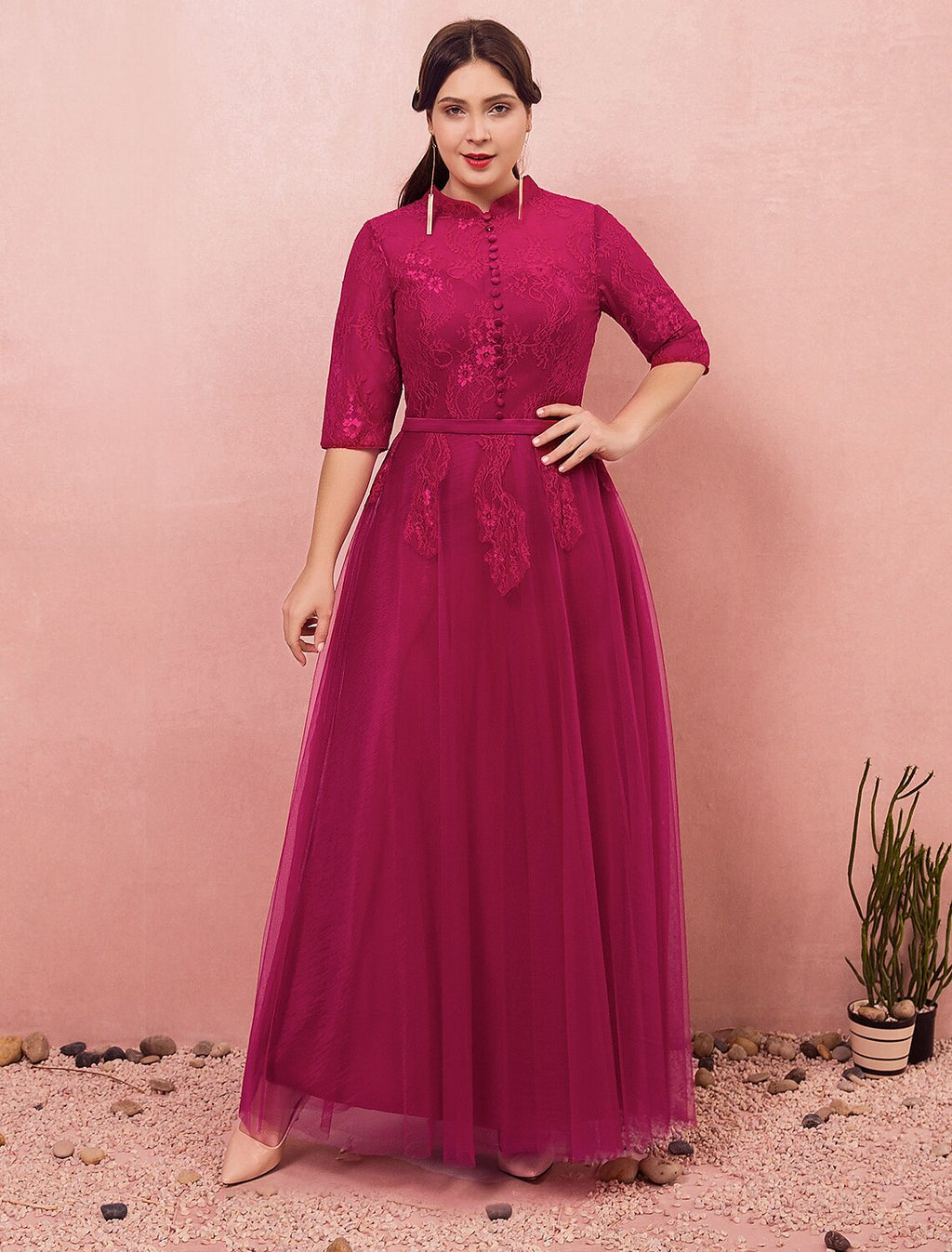 Vestido de noche formal de estilo chino, corte A, talla grande, para compromiso, cuello alto, media manga, largo hasta el suelo, encaje con botones