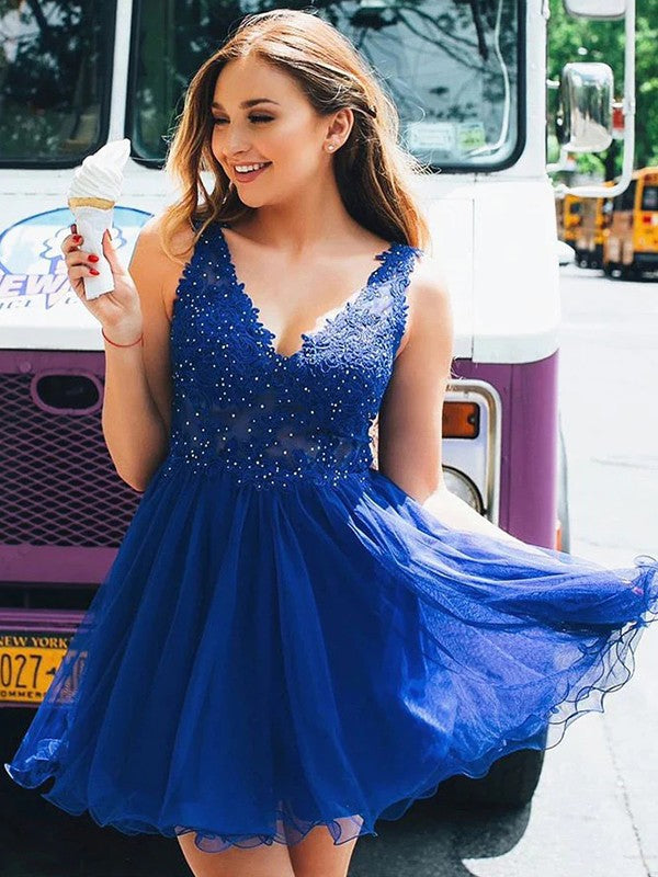 Vestidos cortos/mini sin mangas con escote en V y apliques de tul de corte A/princesa