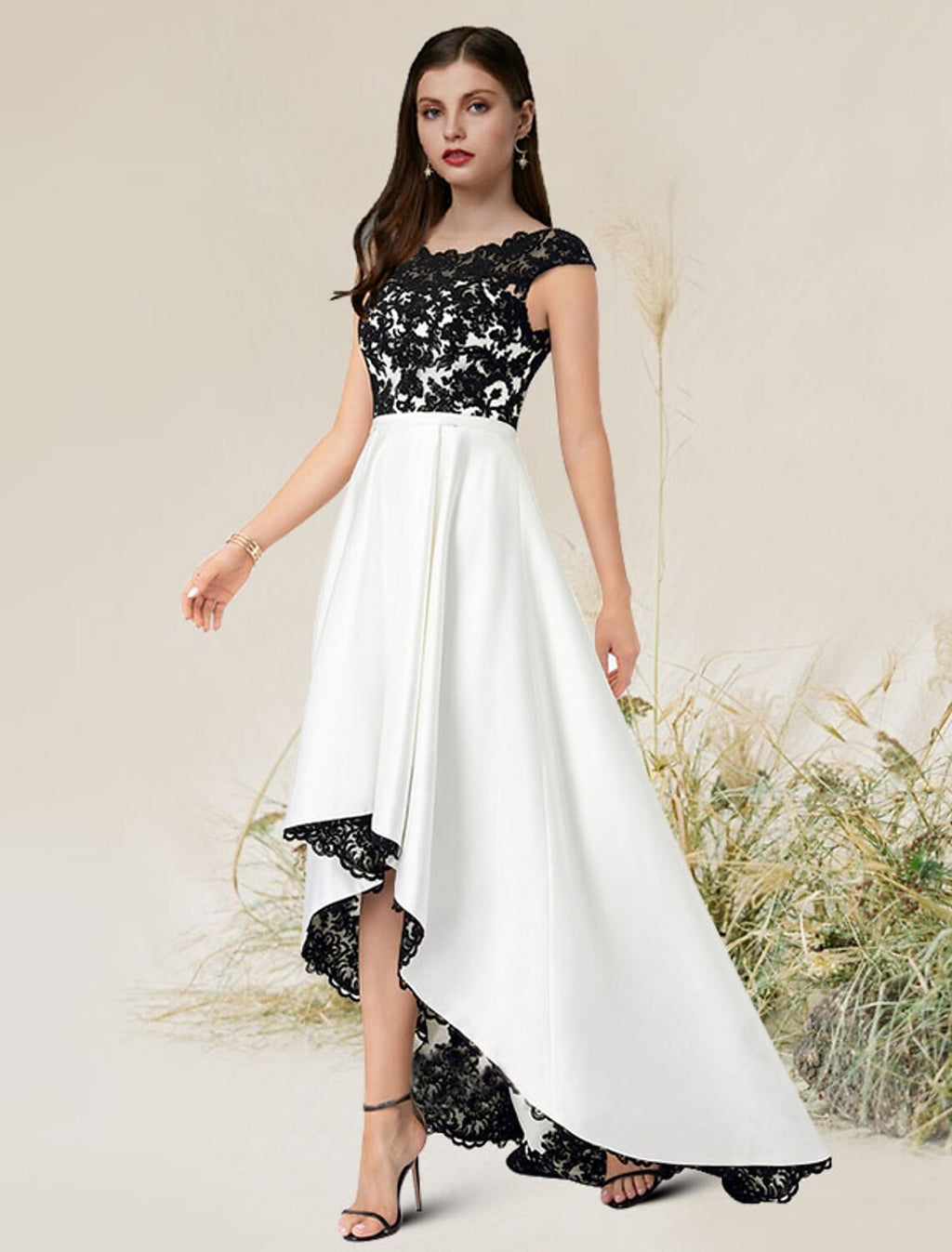 Vestido de noche formal elegante de corte A con escote joya, sin mangas, de satén asimétrico con apliques