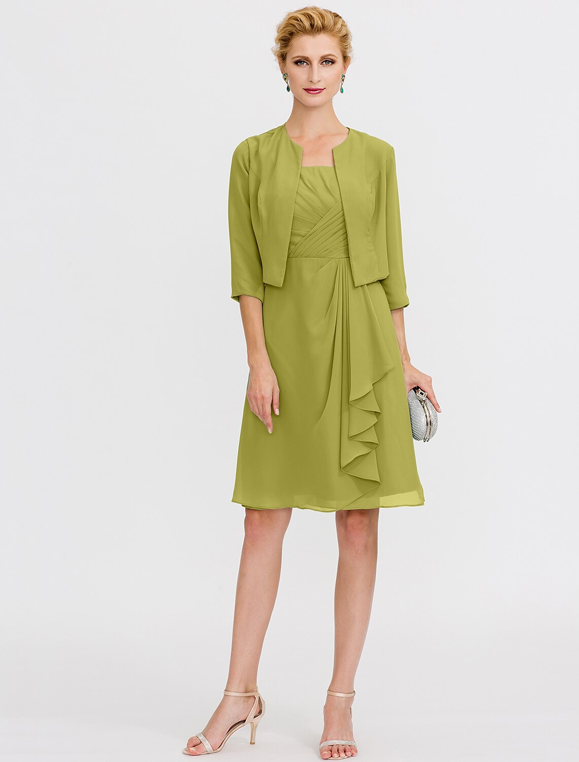 Abito da sposa a trapezio, elegante, corto/mini, in chiffon, senza maniche, con pieghe e perline, due pezzi, formale