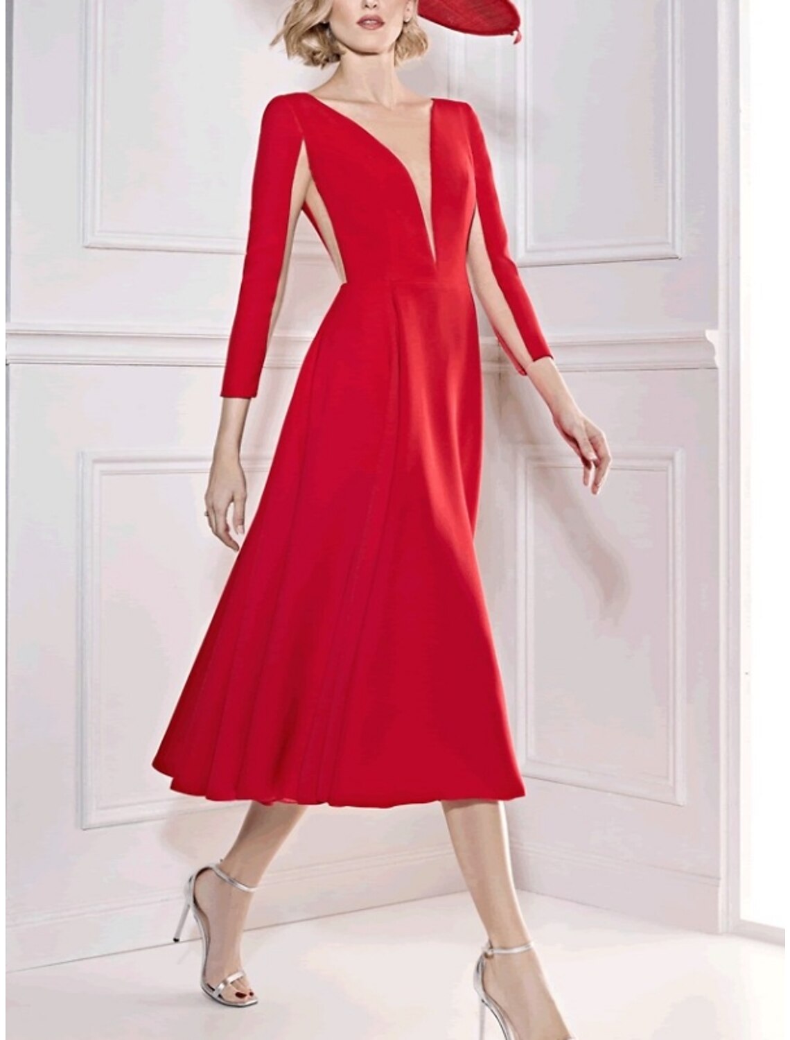 A-Line Cocktail Dresses Minimalist Dress Formal Fall Tea Length 3/4 Length Sleeve V Neck  Fabric with Pleats