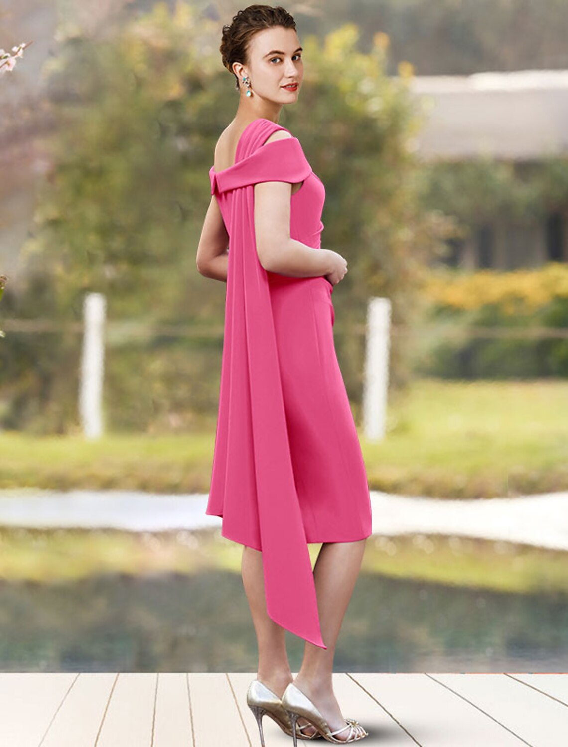 Abito da cerimonia per la madre della sposa, a tubino, elegante, con scollo a gioiello, lunghezza al ginocchio, in chiffon, maniche a 3/4 con drappeggio laterale