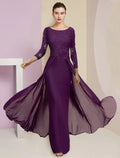 Plum Lace Chiffon Sheath/column Floor-Length Dress with Boat Neck and High Back