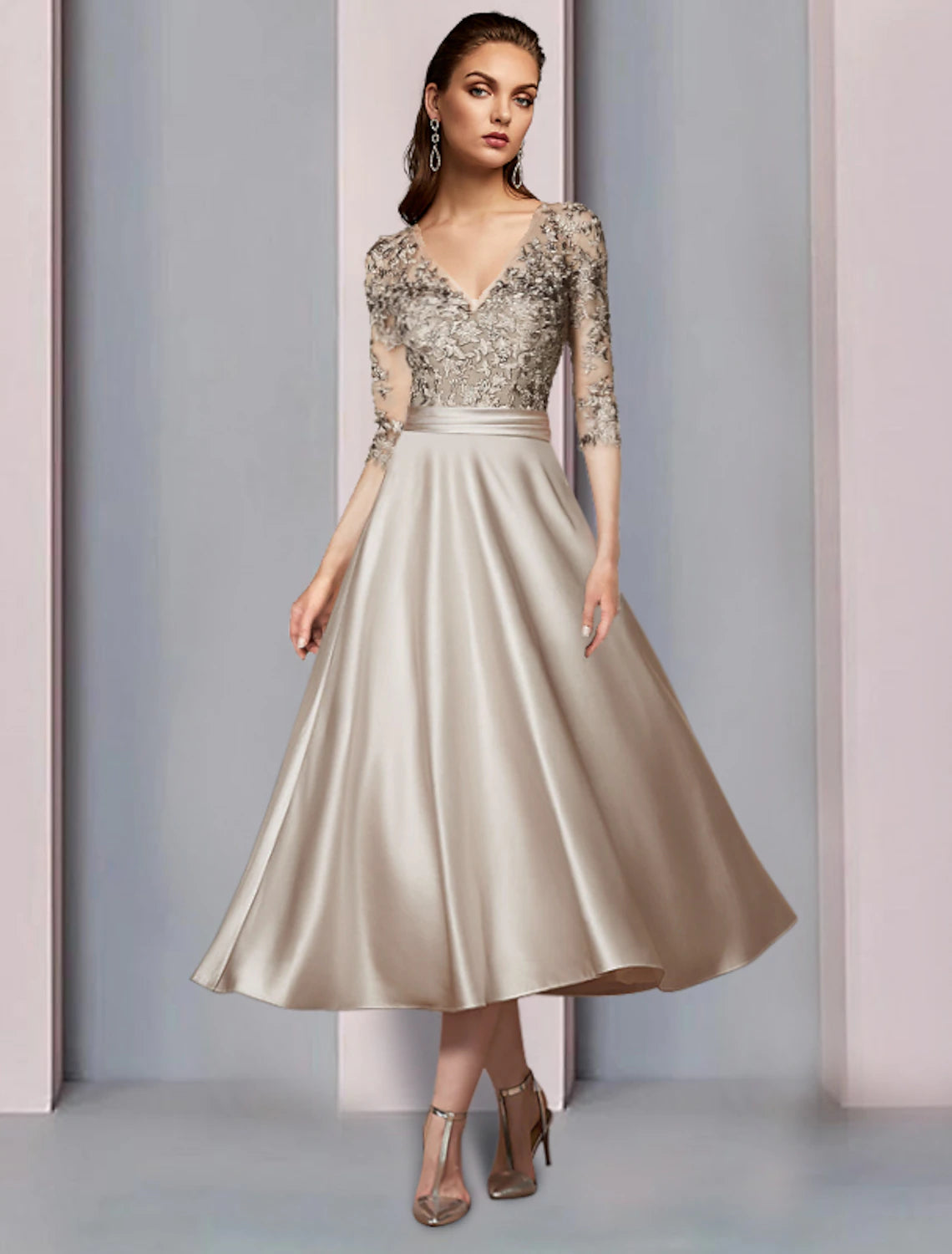 Champagne Satin A-Line Tea-Length Dress with Embroidered V-Neck Bodice