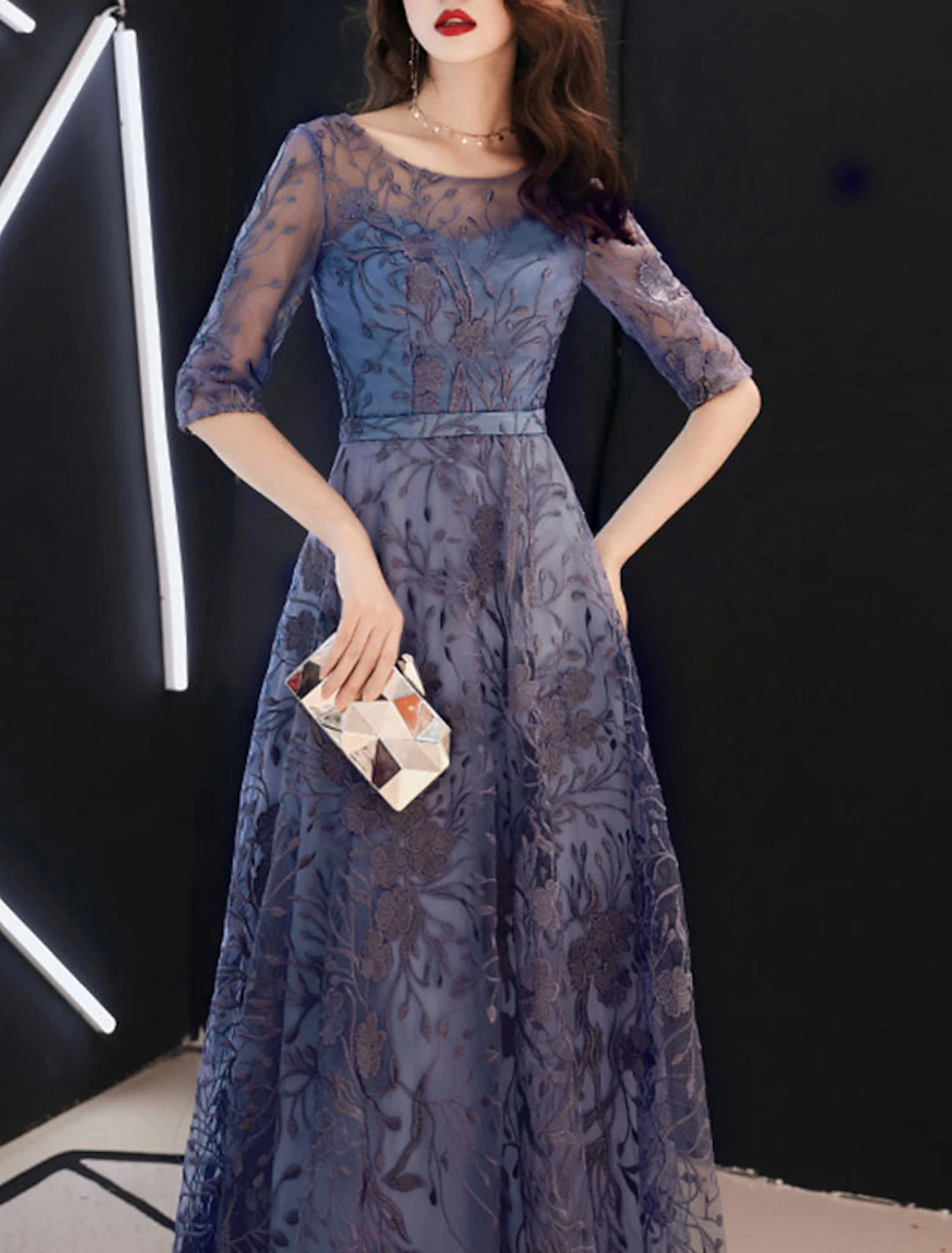 Abito da sera a trapezio, abito floreale, abito da cerimonia per invitati a nozze, lunghezza al pavimento, mezza manica, scollo gioiello, tulle con motivo ricamato/stampa 2025