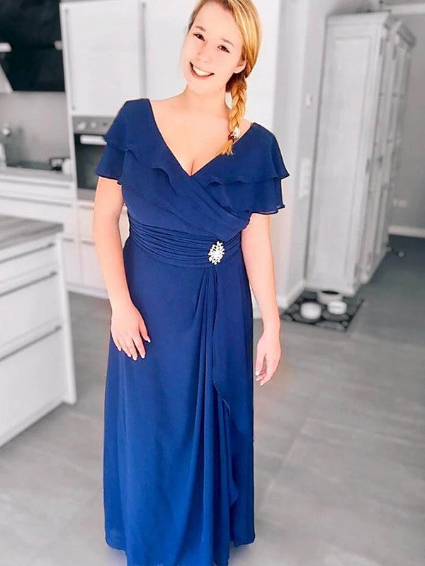 Blue Chiffon A-Line V-Neck Floor-Length Evening Dress with Ruched Bodice & Ruffled Sleeves