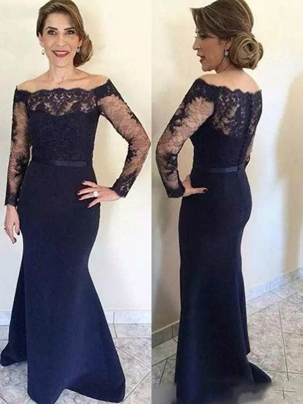 Vestidos para madre de la novia de corte trompeta/sirena con encaje de crepé, hombros descubiertos, mangas largas y largo hasta el suelo