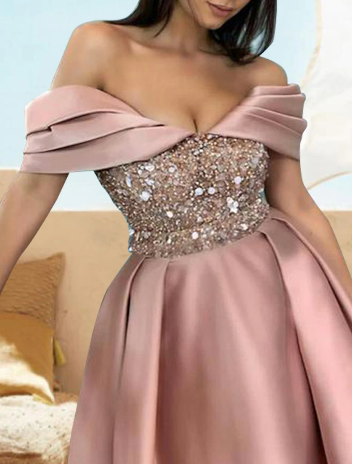 A-Line Cocktail Dresses Sparkle & Shine Dress Party Wear Wedding Party Knee Length Short Sleeve Off Shoulder Satin with Sequin Pure Color