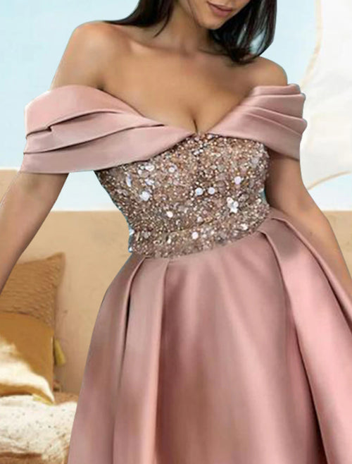 Vestidos de cóctel de corte A, brillantes y con brillo, para fiestas, bodas, hasta la rodilla, manga corta, hombros descubiertos, satén con lentejuelas, color puro