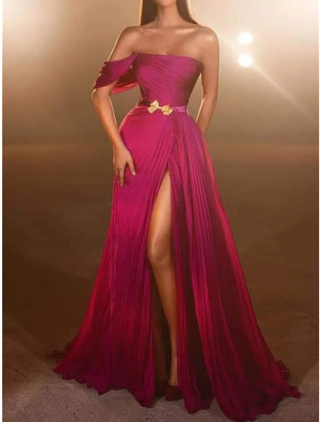 Burgundy Chiffon Off-the-Shoulder A-Line Floor-Length Dress with High Slit