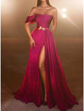 Burgundy Chiffon Off-the-Shoulder A-Line Floor-Length Dress with High Slit