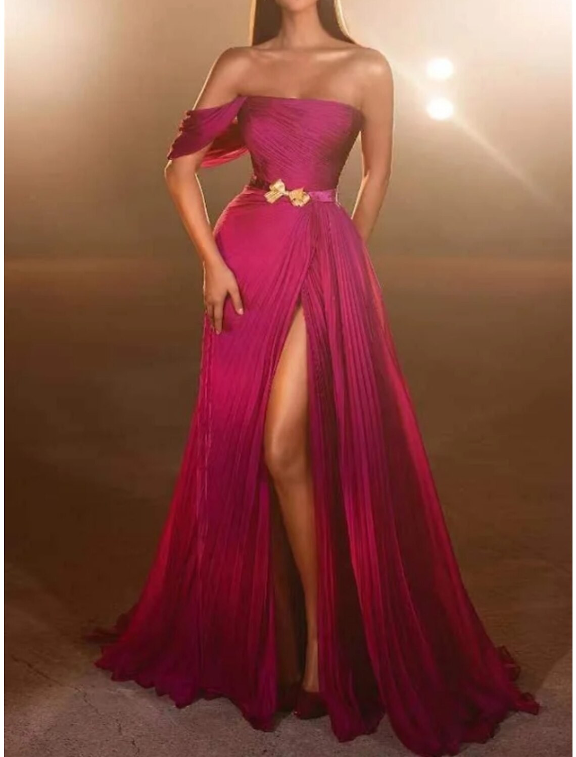 Burgundy Chiffon Off-the-Shoulder A-Line Floor-Length Dress with High Slit