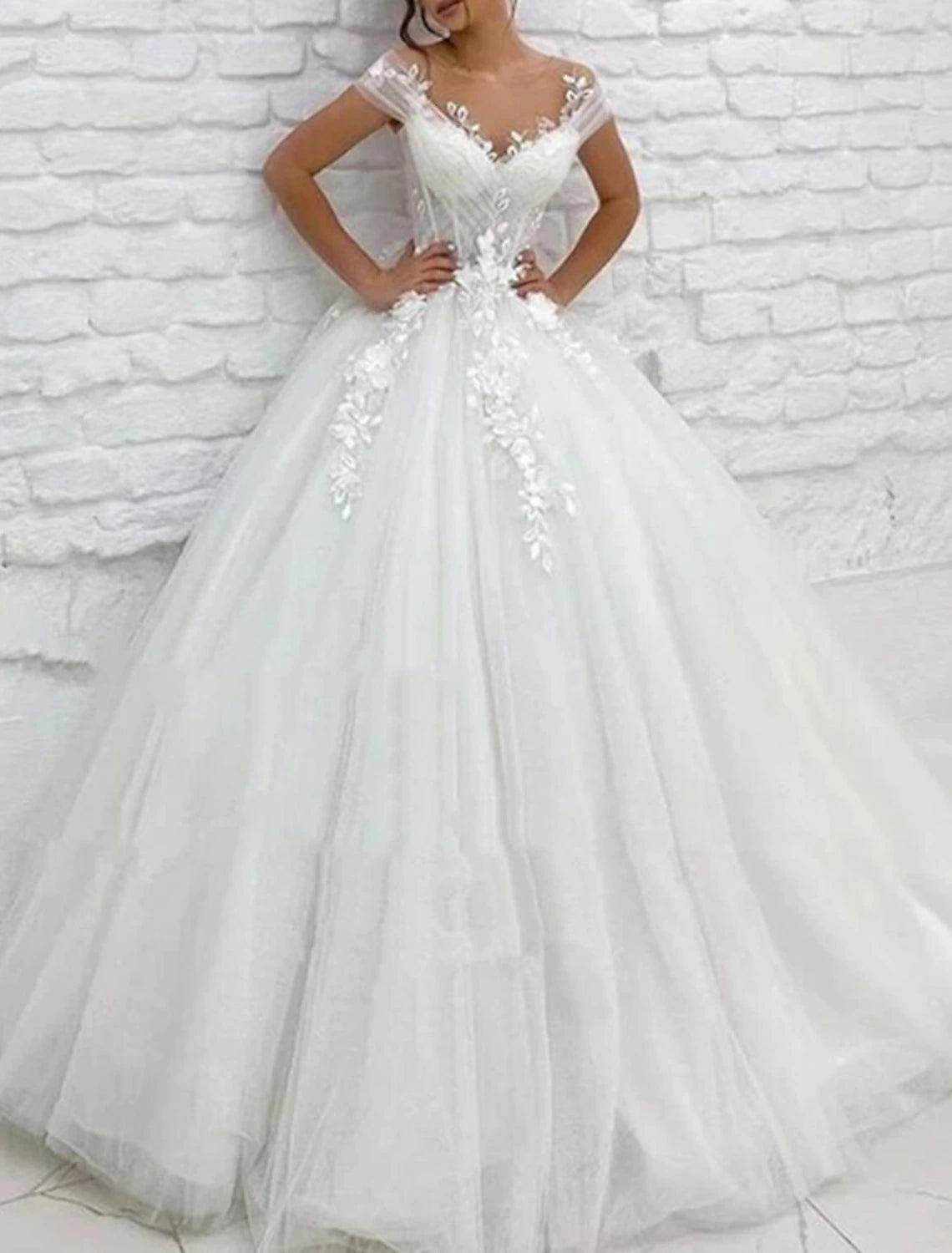 Vestidos de novia formales, vestido de baile, escote en V, manga corta, cola capilla, vestidos de novia de encaje con apliques