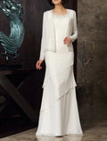 Abito da cerimonia per la madre della sposa in due pezzi, stile tubino/colonna, elegante, taglie forti, con scollo gioiello, lunghezza pavimento, in chiffon, maniche lunghe, giacca corta inclusa, con perline e volant a cascata