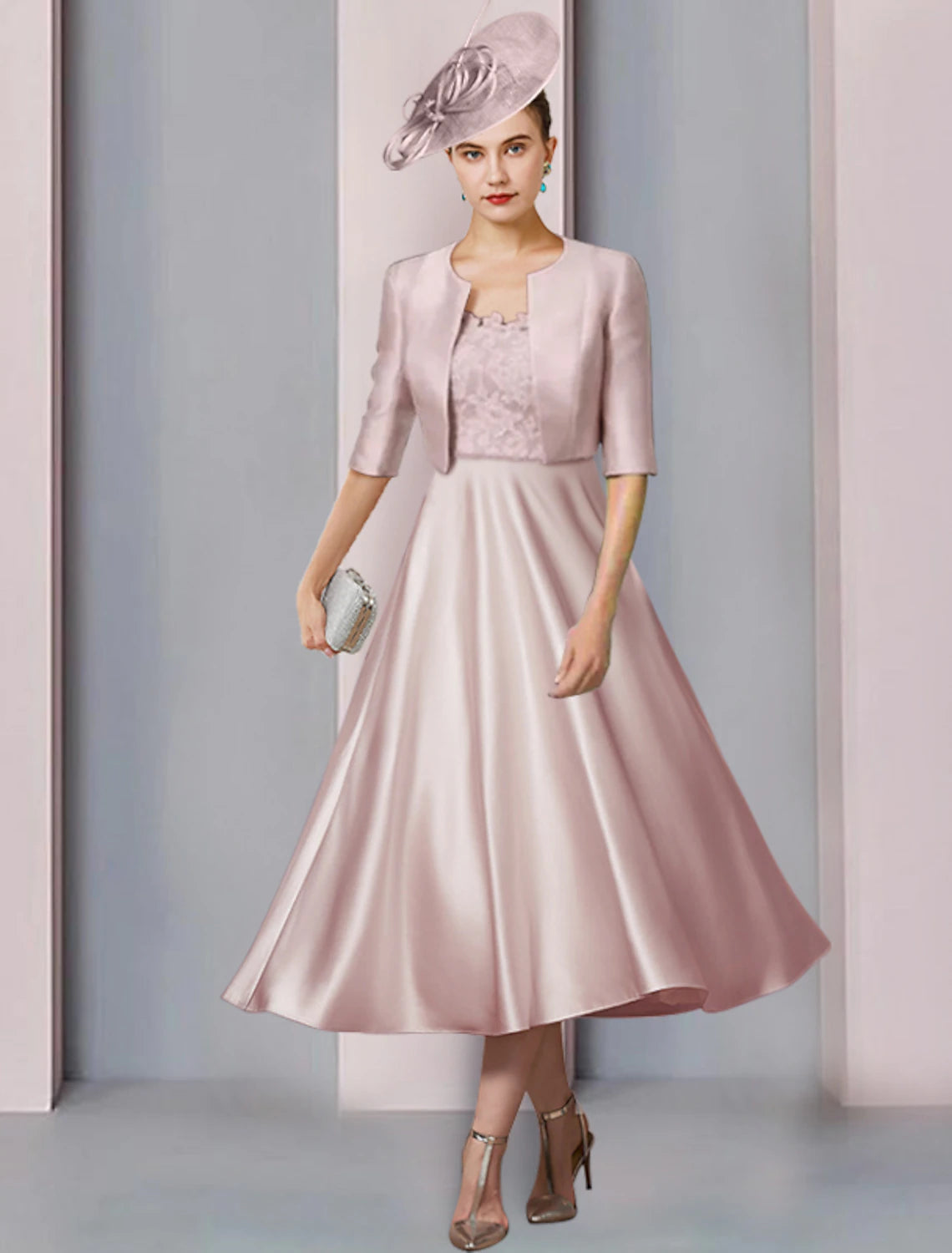 Vestido de dos piezas de corte A para madre de la novia, para invitada de boda, fiesta en la iglesia, elegante, escote redondo, largo hasta la rodilla, encaje satinado, media manga con pliegues